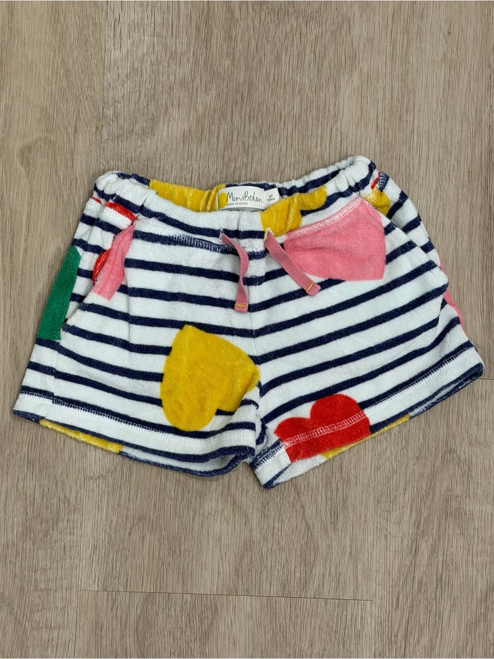 Mini Boden Navy & White Striped Terry Shorts with Colorful Hearts